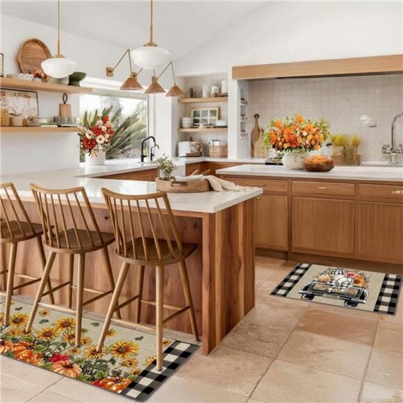 Fall Kitchen Rugs Set of 2, Non-Slip Kitchen Floor Mats, Sunflower Pumpkin - Picture 6 of 8